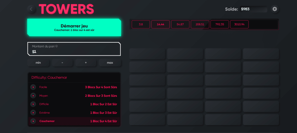 Towers règlages niveau difficulté